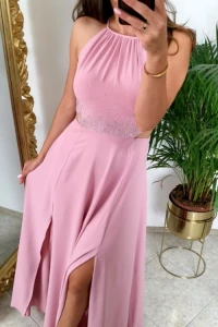 Sukienki - Różowa sukienka maxi z cyrkoniami