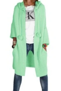 Swetry - Mikos płaszcz dzianinowy długi luźny sweter kardigan z kieszeniami damski z długim rękawem z pomponami i kapturem 693 miętowy