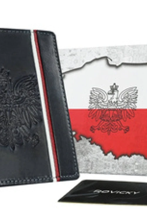 Pionowy portfel mski ze skry naturalnej z motywem patriotycznym i systemem rfid