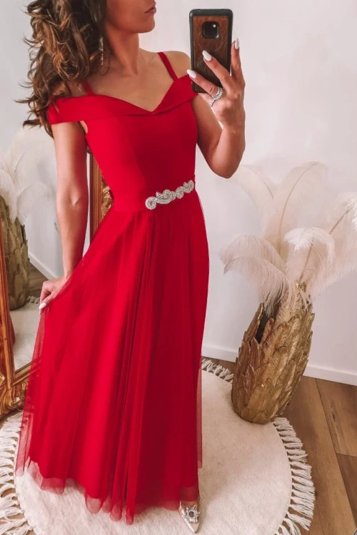 Rozkloszowana sukienka maxi z opadającymi rękawkami, czerwona