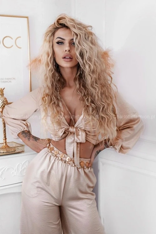 Komplet satynowy beowy top i dugie spodnie noelia n297