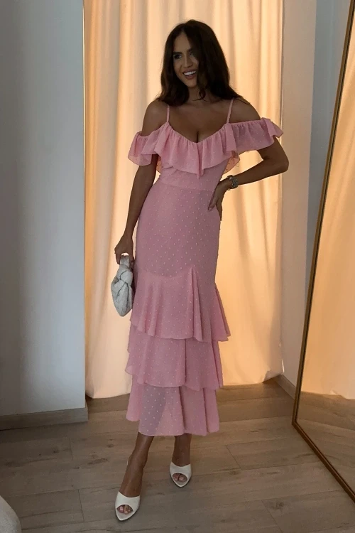 Lucette - różowa sukienka maxi z hiszpańskim dekoltem