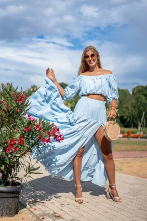 Komplet muślinowy boho bluzka i spódnica błękitny