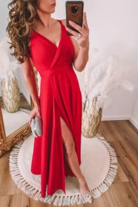 Sukienki - Czerwona sukienka maxi z rozcięciem na nodze