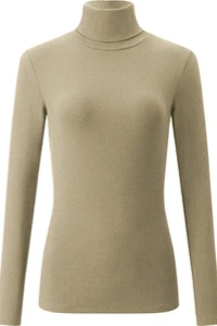 E-mikos - Dopasowany cienki cienki sweter golf damski bawełniany w prążki z długim rękawem 705 beż