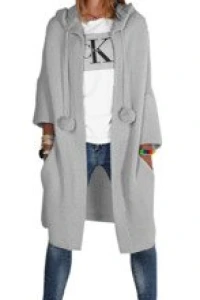 Swetry - Mikos płaszcz dzianinowy długi luźny sweter kardigan z kieszeniami damski z długim rękawem z pomponami i kapturem 693 szary