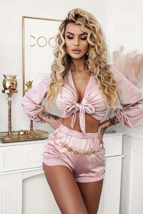 Komplet satynowy pudrowy r top i spodenki sarah n293