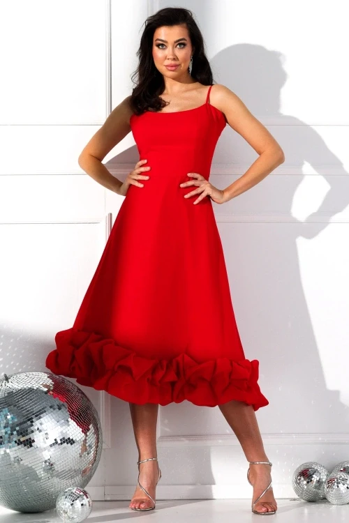 Helen red - sukienka midi na ramiczka z drapowaniem