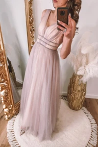 Sukienki - Sukienka tiulowa z perełkami w talii, beżowa