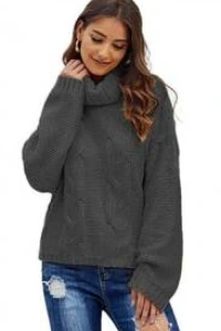 Swetry - Mikos ciepły luźny sweter damski w warkocz z golfem 692 grafitowy