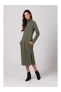 Sukienki - Prosta sukienka midi z półgolfem khaki b274