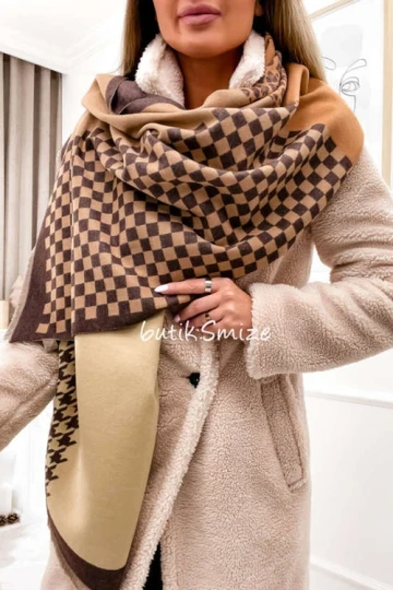 Szal patchwork model ciepły beż brąz