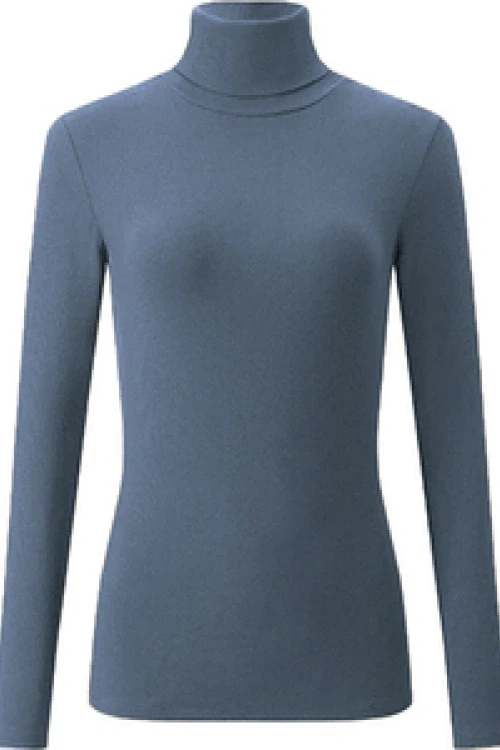 Dopasowany cienki sweter golf damski bawełniany w prążki z długim rękawem 705 jeans