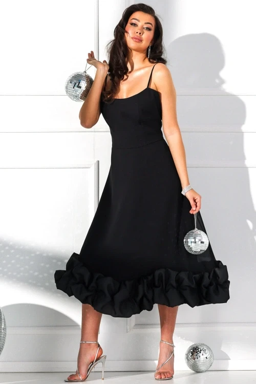 Helen black - sukienka midi z drapowaniem na ramiczka