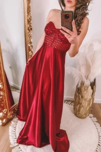 Sukienki - Satynowa sukienka maxi z gorsetową górą, bordowa