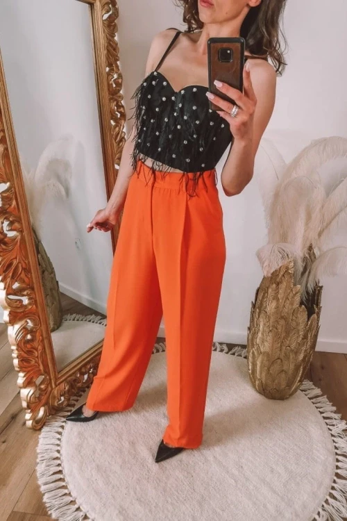 Pomarańczowy damski garnitur ze spodniami