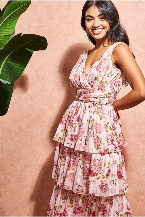 Sukienka maxi w kwiatki z falbankami rowa fiore