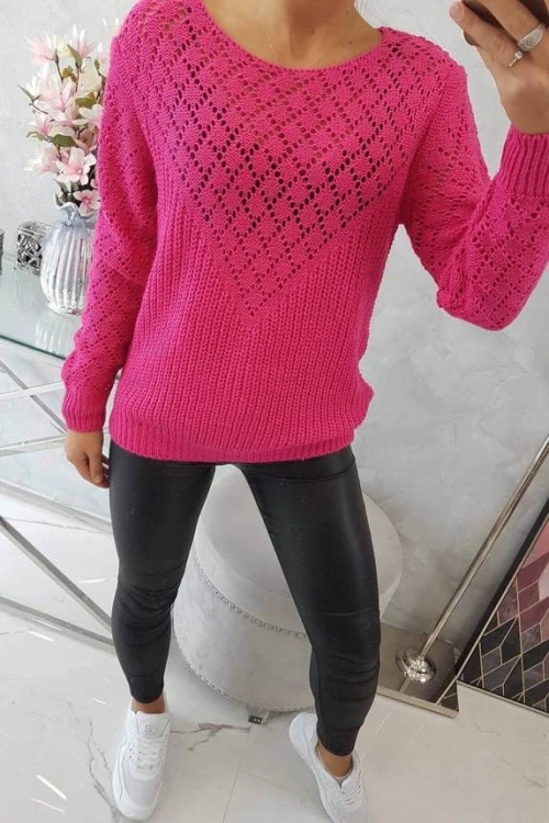 Sweter z ażurowym zdobieniem fuksja 2019t39