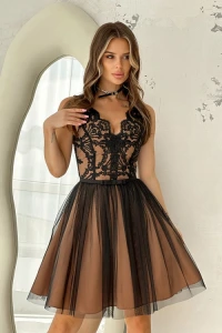Sukienki - Czarno-beżowa rozkloszowana sukienka 2206-21
