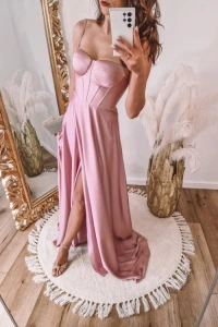 Lilith-sklep.pl - Różowa sukienka satynowa z gorsetową górą