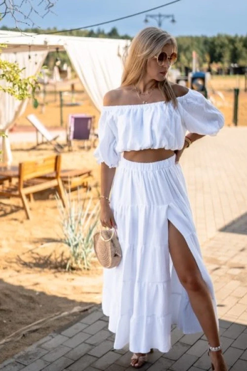 Komplet muślinowy boho bluzka i spódnica biały