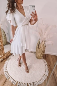 Suknie ślubne - Zwiewna sukienka midi z falbankami na rękawach biała