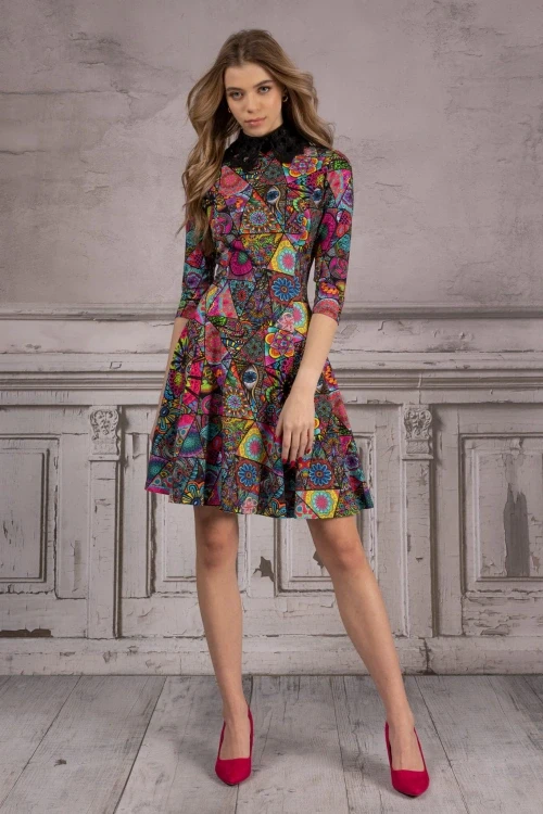 Sukienka mini rozkloszowana "patchwork"