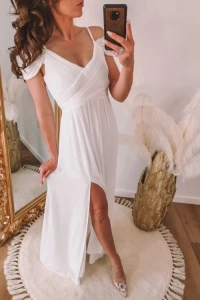 Suknie ślubne - Biała sukienka maxi z opadającymi rękawami