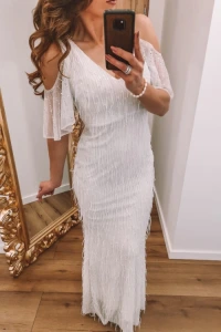 Lilith-sklep.pl - Cekinowa sukienka maxi z frędzlami, biała