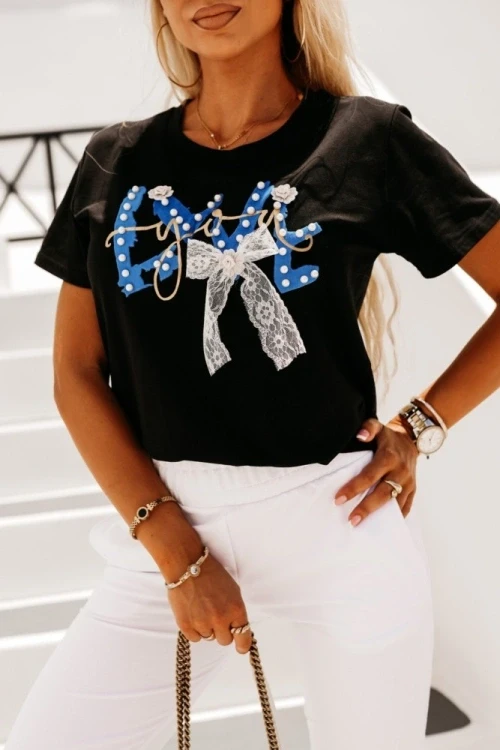 T-shirt love you koronka czarno-kobaltowy