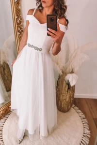 Suknie ślubne - Rozkloszowana sukienka maxi z opadającymi rękawkami, biała