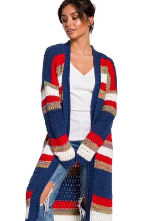 Dugi sweter w kolorowe pasy kardigan narzutka z modnym splotem