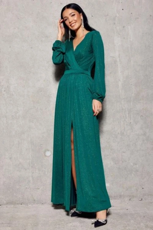 Zielona brokatowa duga sukienka wieczorowa lina