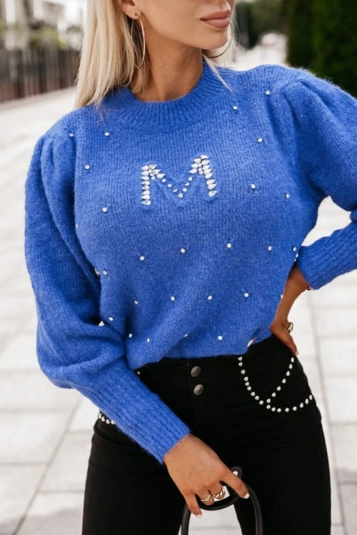 Sweter z bufkami i cyrkoniową aplikacją m kobaltowy