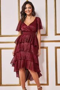Butik-fashion - Sukienka midi z falbankami bordowa romantico