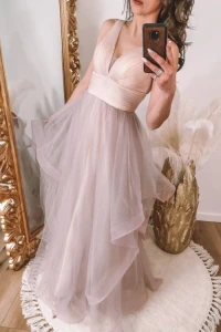 Sukienki - Beżowo-liliowa sukienka maxi z asymetrycznym dołem