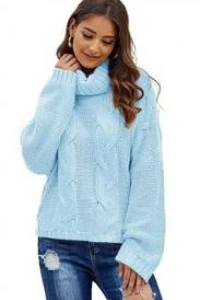 E-mikos - Mikos ciepły gruby sweter damski w warkocz z golfem 692 jasno niebieski