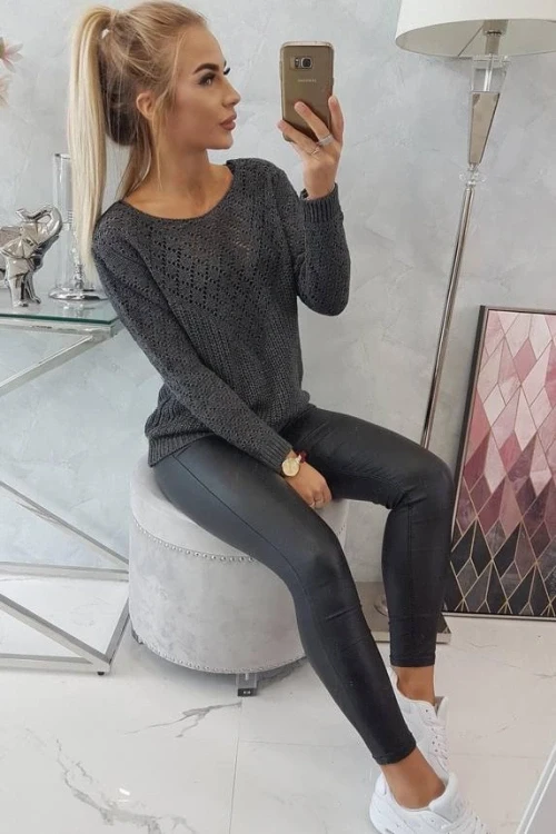 Sweter z ażurowym zdobieniem grafitowy 2019t39