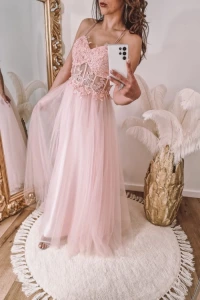 Sukienki - Sukienka tiulowa z haftowanym gorsetem pudrowy róż