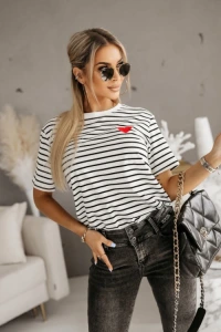Candytm.pl - T-shirt baweniany w paski biao-czarne z haftowanym serduszkiem