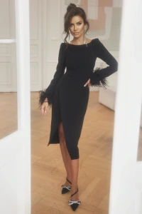 Lou.pl - Soledad - czarna midi sukienka z piórami na wyjątkowe okazje
