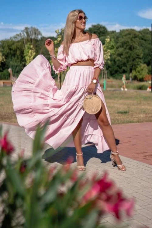 Komplet muślinowy boho bluzka i spódnica róż barbie