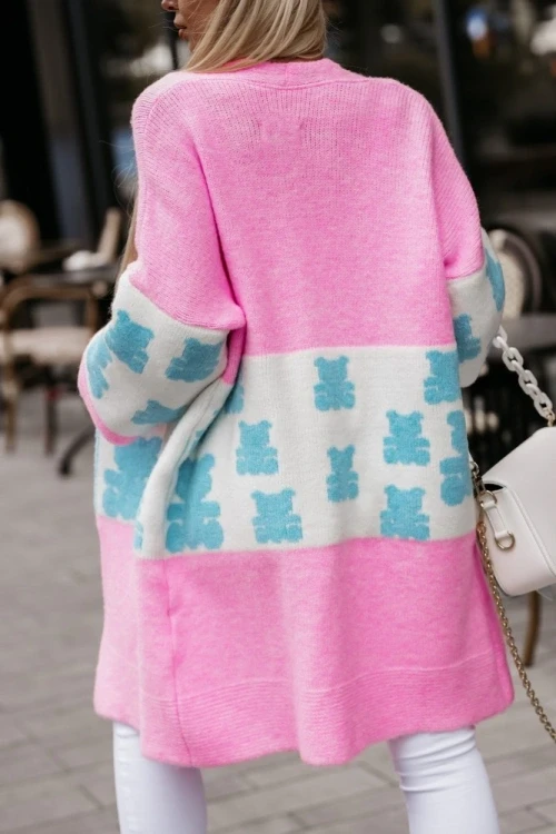 Kardigan sweter w misie biało-różowy