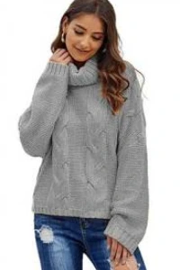 Swetry - Mikos ciepły luźny sweter damski w warkocz z golfem 692 szary