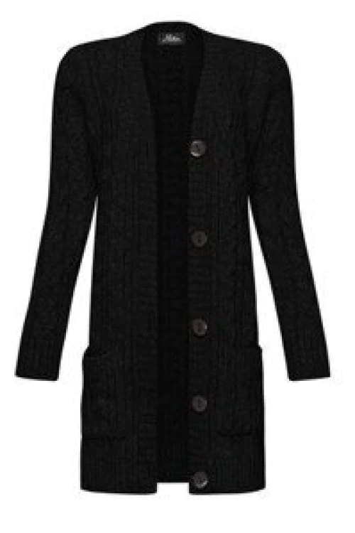 Mikos damski sweter kardigan zapinany z kieszeniami splot warkocz 535 czarny