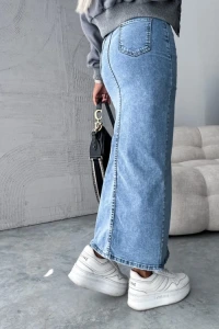 Nowości - Spódnica jeansowa z rozcięciem niebieska