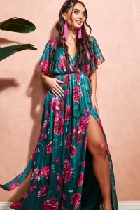 Butik-fashion - Sukienka maxi w kwiatki zielona margaret