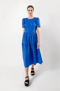 Sukienki - Niebieska popelinowa sukienka z falbaniastym doem