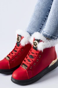 Trampki - Czerwone sneakersy z białym futerkiem fiemme