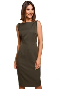 Sukienki.shop - Elegancka sukienka owkowa midi dopasowana bez rkaww khaki